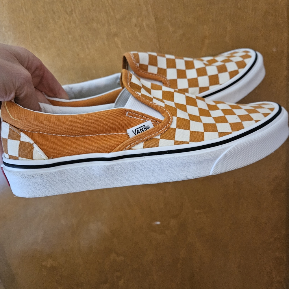 Vans Checkerboard Slip-On Sneakers in White and Orange - Picture 2 of 6